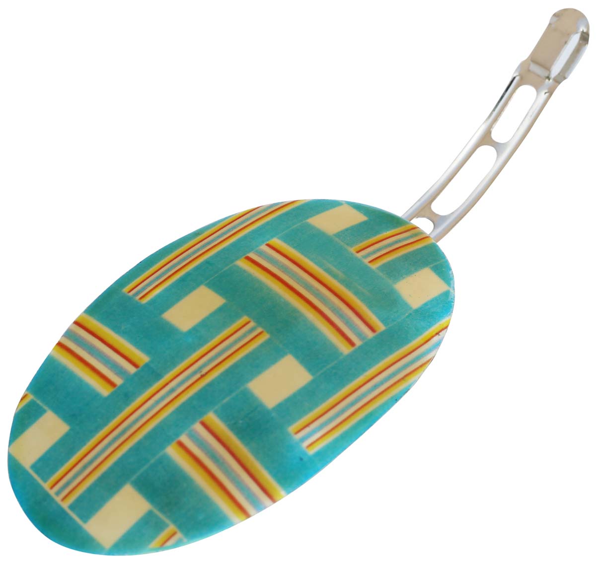Brass Barrette Clip with Blue Geometric Pattern - 4” Oval - Elegant Hair Accessories - Buy in Bulk Wholesale